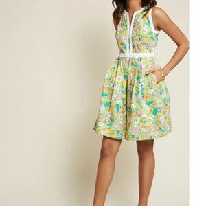 ModCloth Yellow Purple Mermaid Print Sleeveless Dress Side‎ Zip Women's Size S